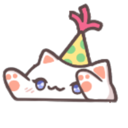 White BongoCat with anime eyes and a colorful party hat